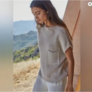 Free People Beach Freya Boxy Cap Pocket Ribbed Sweater in Oatmeal Beige Size XL